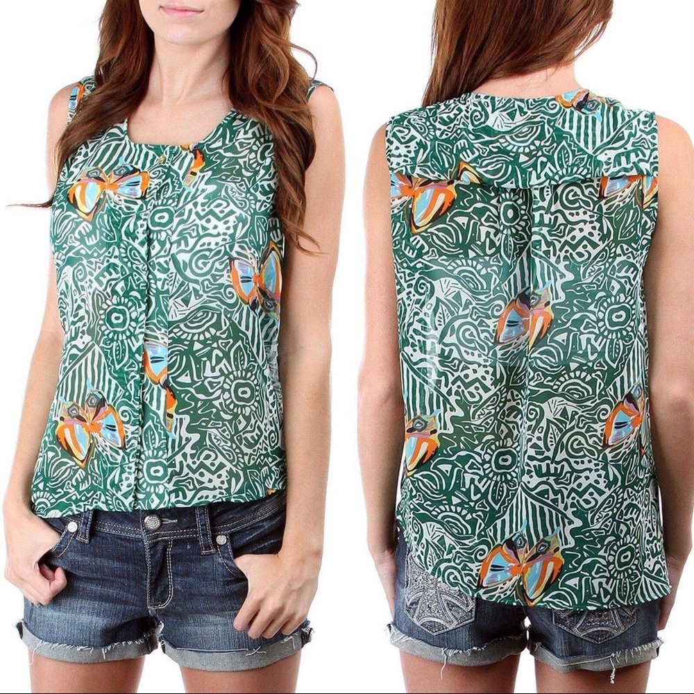 Camilla Tree NEW Asymmetrical Patterned Butterfly Sheer Button Down Abstract